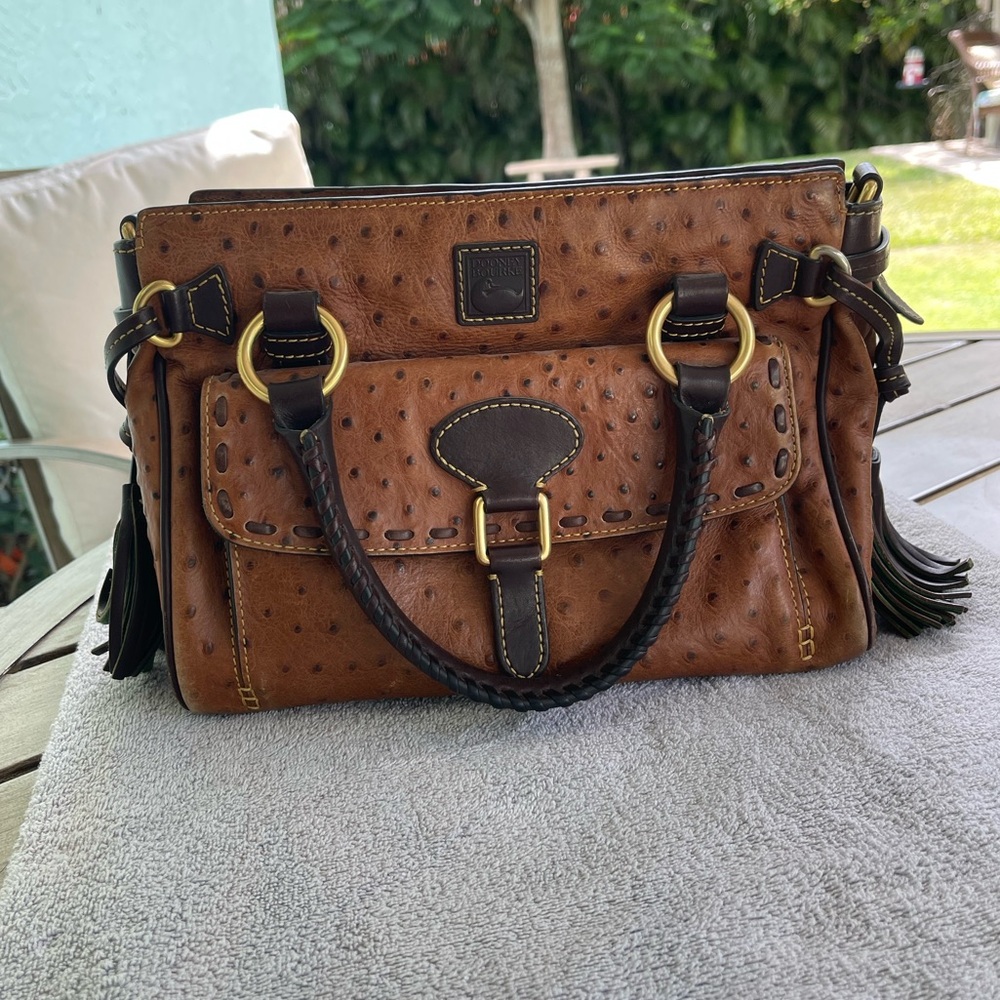 Dooney & Bourke Tan Ostrich-Embossed Satchel – Brown Trim